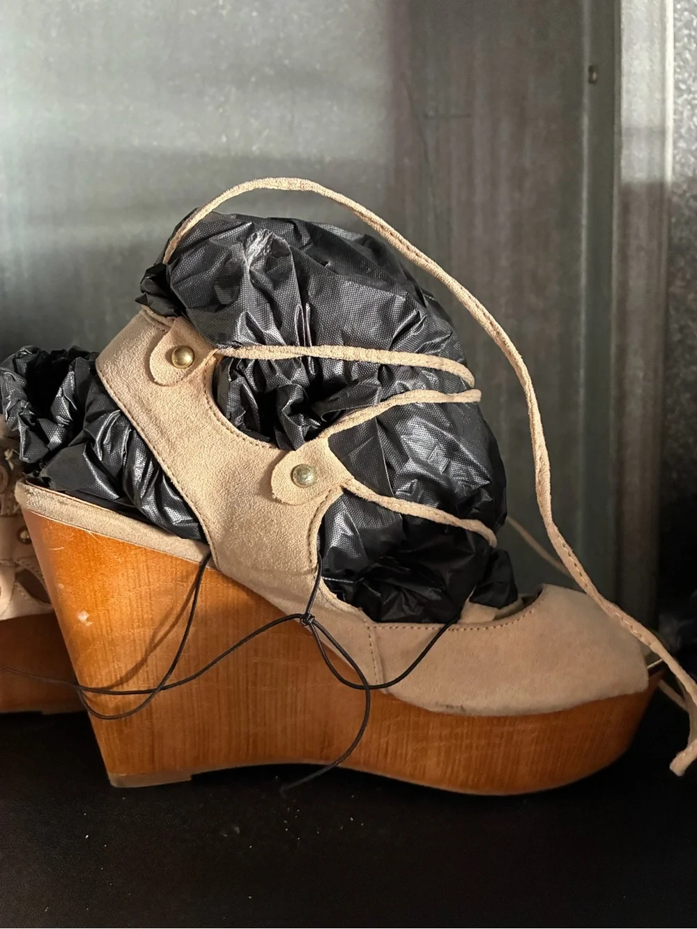 Suede Lace-Up Open-Toe Sandals in Beige